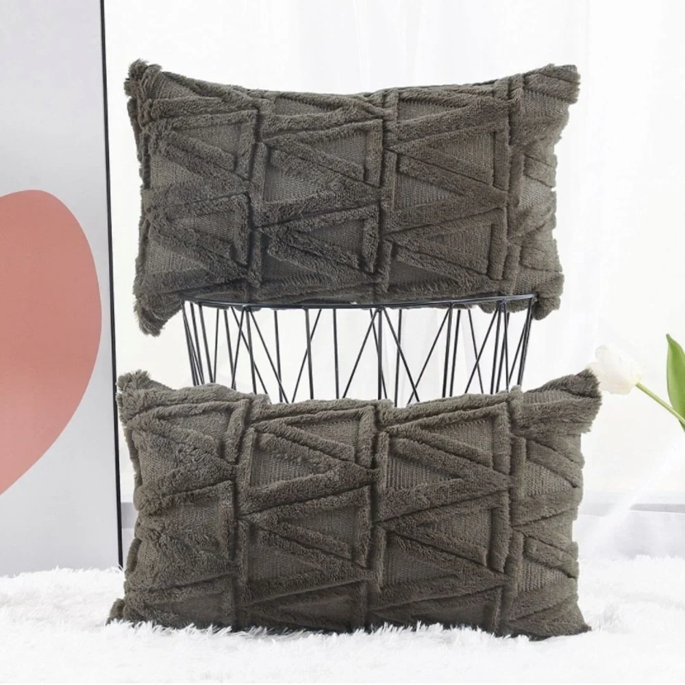 Luxury Home | Boho Chic Taupe Geo Short Wool Faux Fur Lumbar Throw Pillow Covers